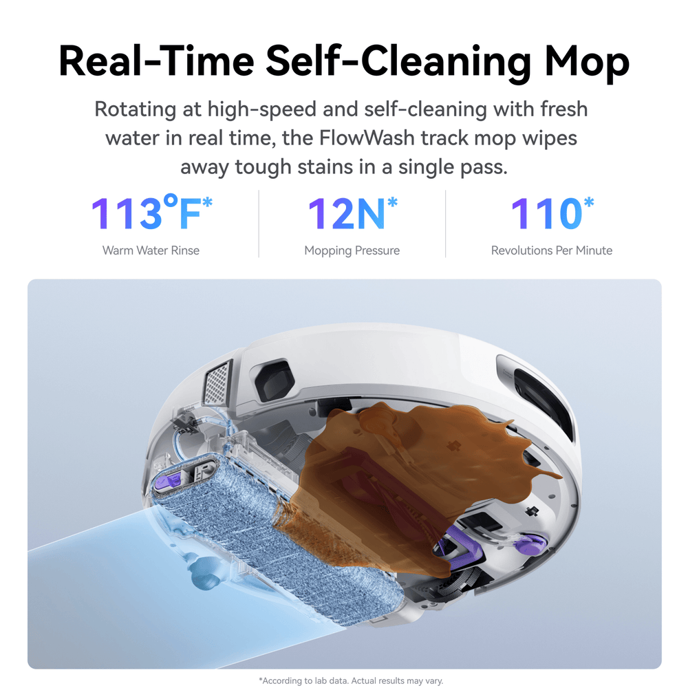 Real-Time Self-Cleaning Narwal Flow Mop with cleaning mechanism and text detailing features.