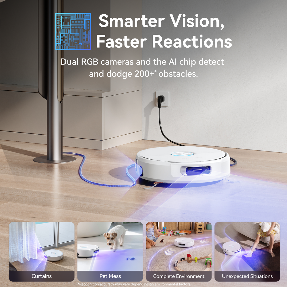 Robotic vacuum cleaner Narwal Flow on a wooden floor with text about its features.