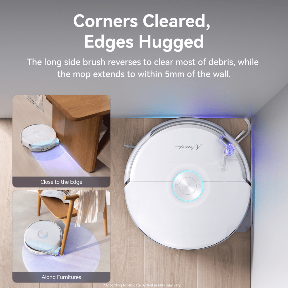 Robotic vacuum cleaner Narwal Flow with text highlighting its cleaning capabilities, including corners and edges.