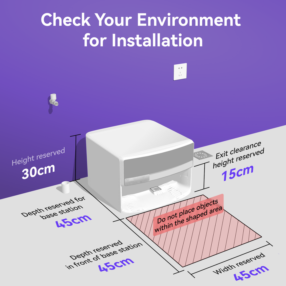 Diagram showing installation Narwal Flow robot vacuum and mop requirements for a device with dimensions and clearances.