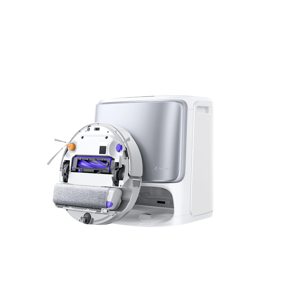White Narwal Flow robot vacuum and mop with a cylindrical component on a white background.