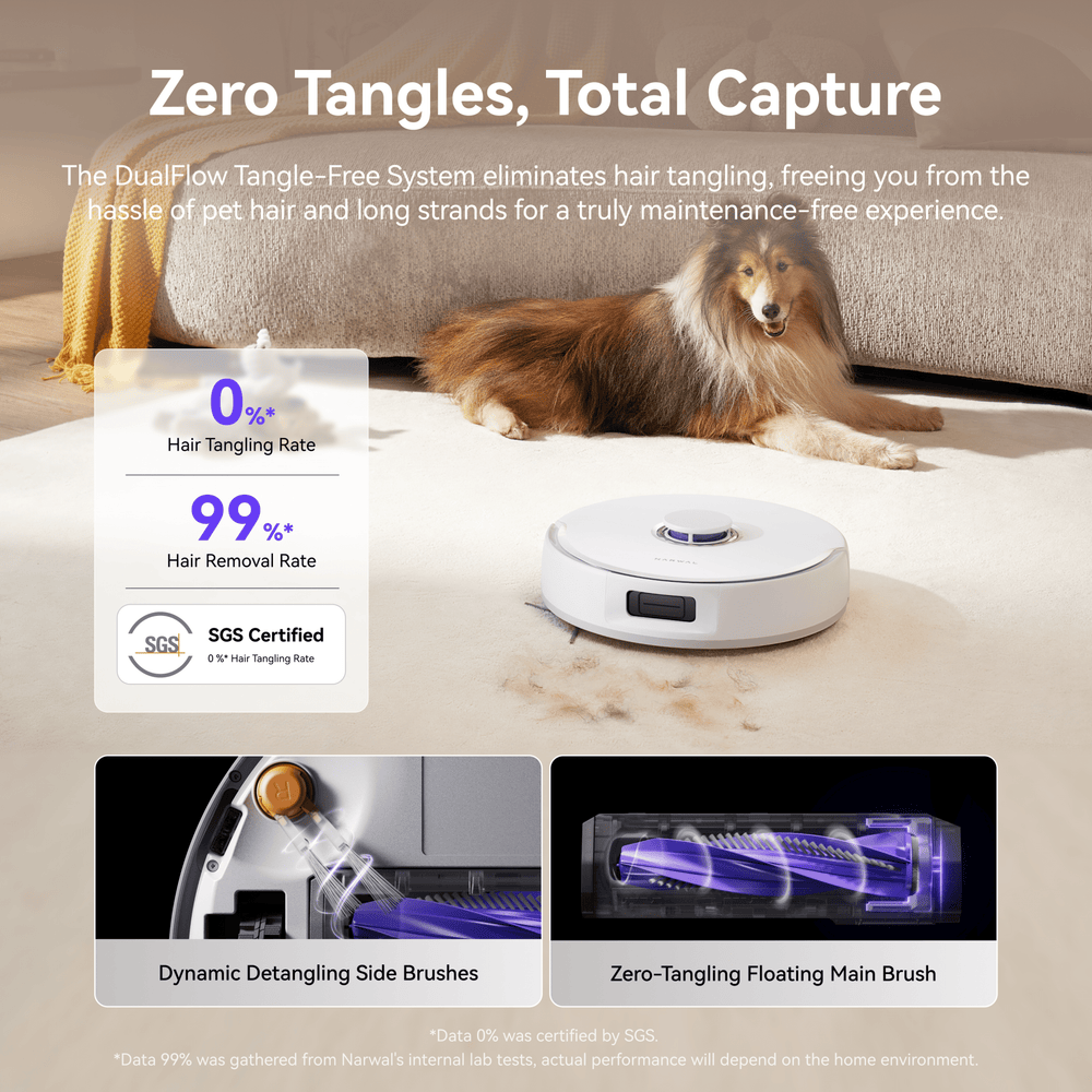 Narwal Freo X10 Pro robot vacuum and mop capturing pet fur with zero-tangle system and effective hair removal.