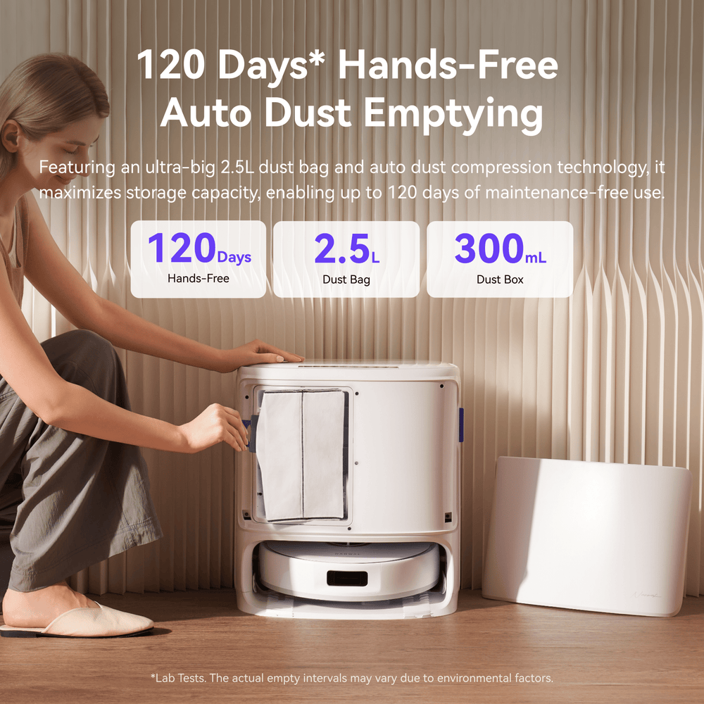 Narwal Freo X10 Pro robot vacuum and mop auto-emptying into dust bag for up to 120 days maintenance-free cleaning.