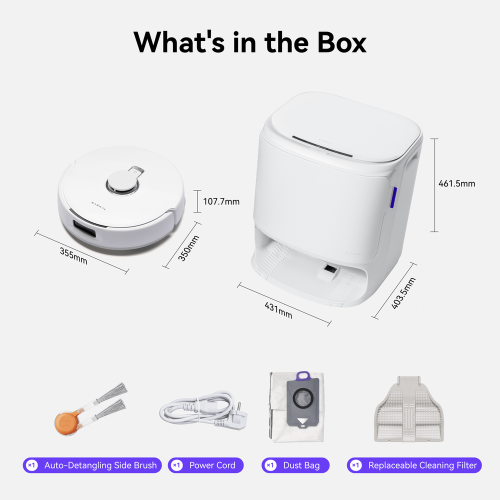 Unboxed components of Narwal Freo X10 Pro robot vacuum and mop including base station and accessories.