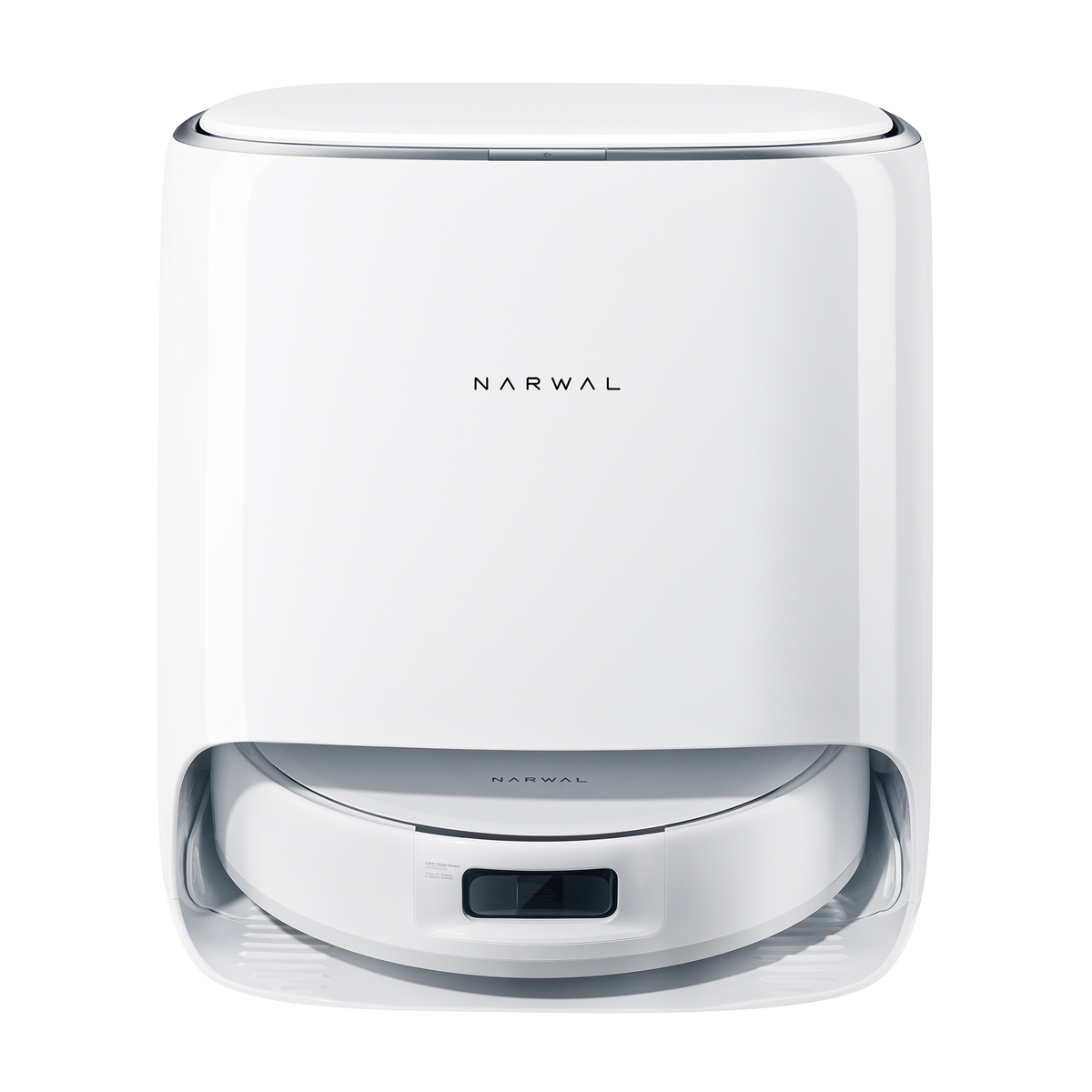 Front view of Narwal Freo Pro robot vacuum and mop with its sleek all-in-one cleaning base station.