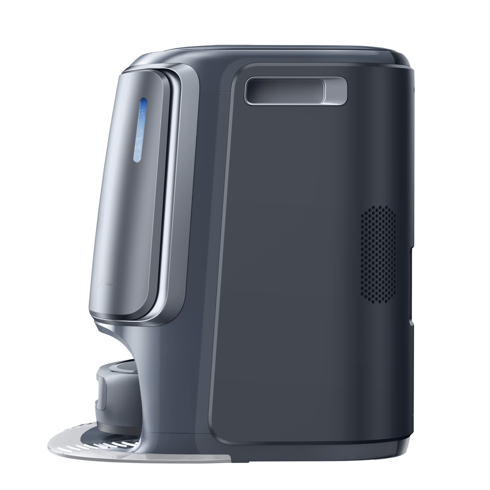 Side view of Narwal Freo Z10 Ultra robot vacuum and mop base station with vertical design.
