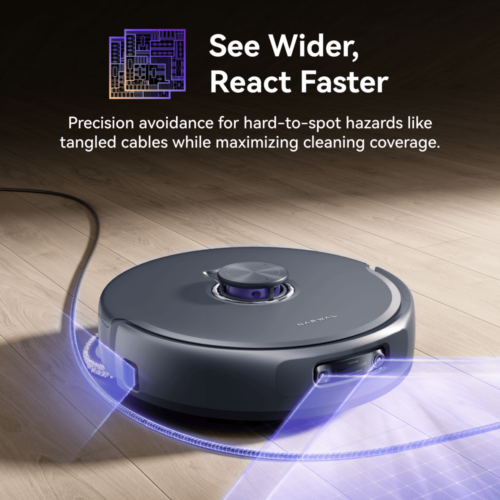 Top view of Narwal Freo Z10 Ultra robot vacuum and mop highlighting wide reactive sensor system.