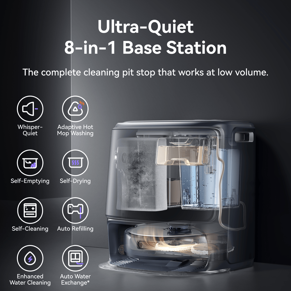 Narwal Freo Z10 Ultra robot vacuum and mop with ultra-quiet 8-in-1 base station feature display.