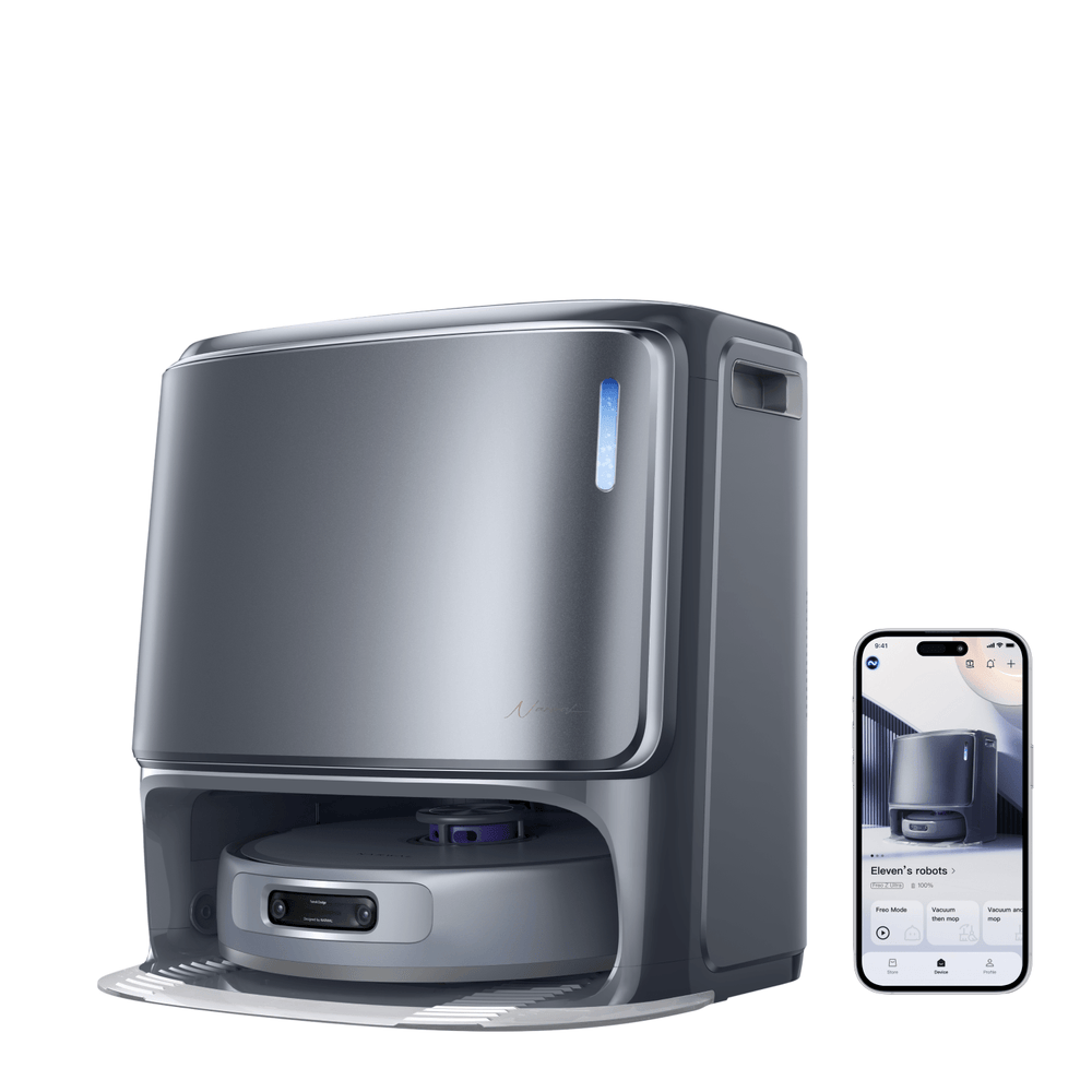 Angled display of Narwal Freo Z10 Ultra robot vacuum and mop featuring app connectivity.