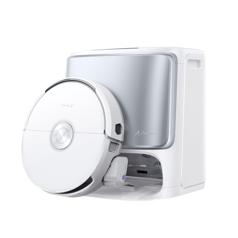 Narwal Flow robot vacuum and mop docked in its smart base station with a sleek, minimalist design.