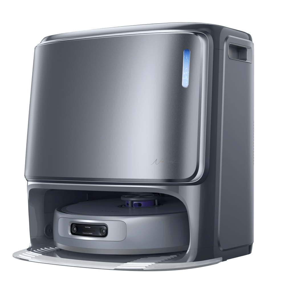 Angled front view of Narwal Freo Z10 Ultra robot vacuum and mop base station showing LED panel.