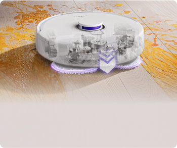 Narwal Freo Pro robot vacuum and mop using high-pressure dual mops to clean sticky spills and tough floor stains.