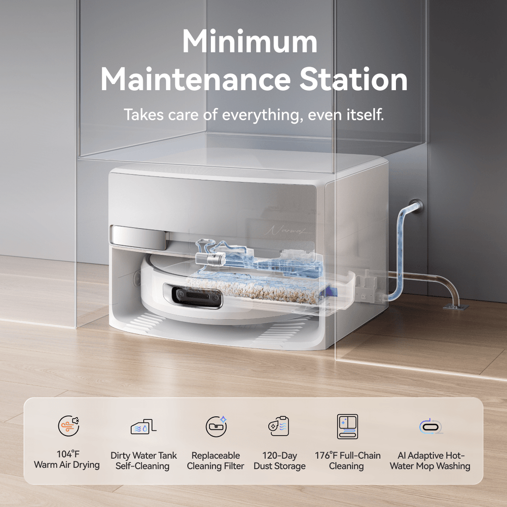 Narwal Flow robot vacuum and mop docked in a minimal maintenance station, showing automatic cleaning and self-care design.